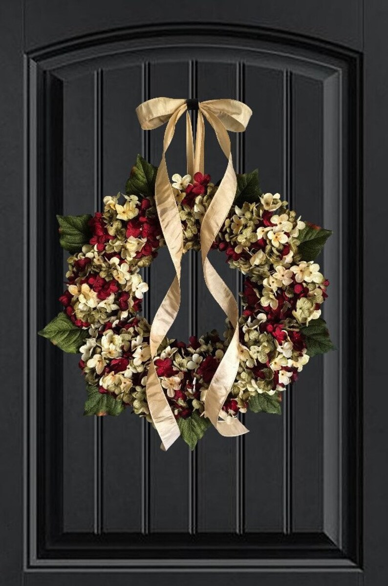 Front Door Wreaths, Best Selling Wreath, Burgundy Red, Green, and Cream Hydrangea Wreath, Year Round Wreath, Winter Wreath image 5