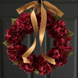 Christmas Wreath | Burgundy Red Hydrangea Wreath | Holiday Wreath for Front Door