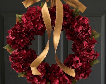 Christmas Wreath | Burgundy Red Hydrangea Wreath | Holiday Wreath for Front Door