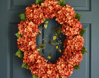 Spice Orange Oval Hydrangea Wreath | Front Door Wreaths | Fall Wreaths | Summer Hydrangea Wreath | Outdoor Wreath | Fall Wreath