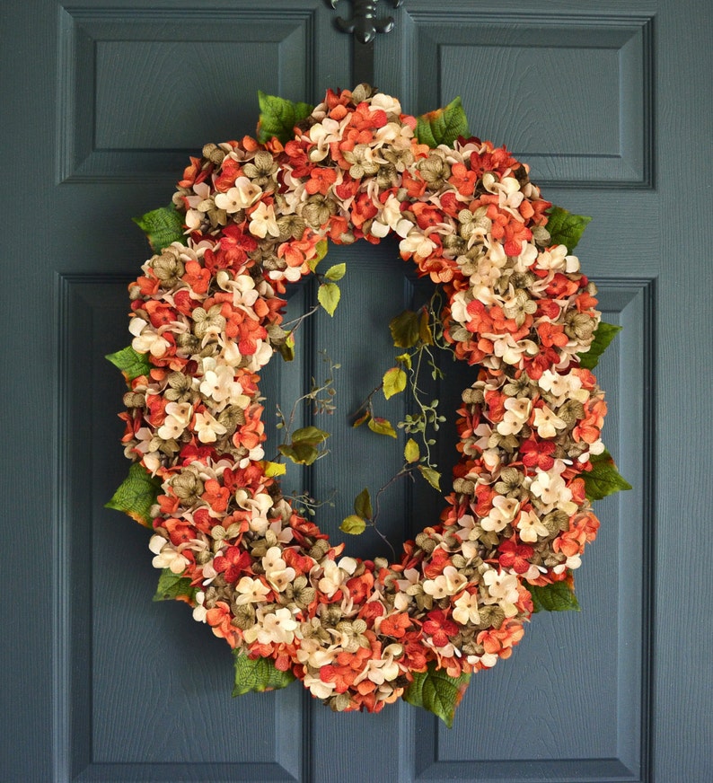 Oval Blended Hydrangea Wreath Front Door Wreath Orange Etsy