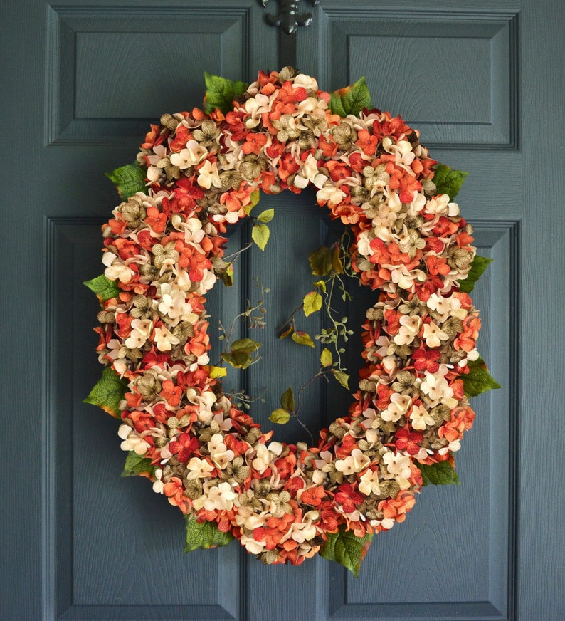 Oval Blended Hydrangea Wreath Front Door Wreath Orange Wreath Autumn Wreath Fall Wreath Summer Wreath Housewarming Gift image 1