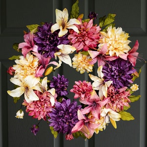 Spring Dahlia & Lily Wreath | Front Door Wreaths | Easter Wreath | Wreaths for Door | Outdoor Wreath | Home Decor