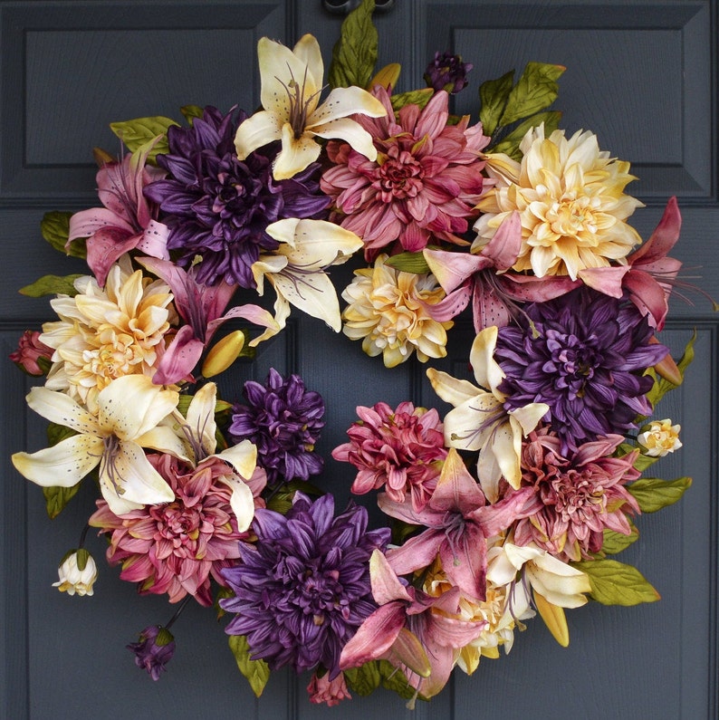 Spring Dahlia & Lily Wreath Front Door Wreaths Easter Etsy