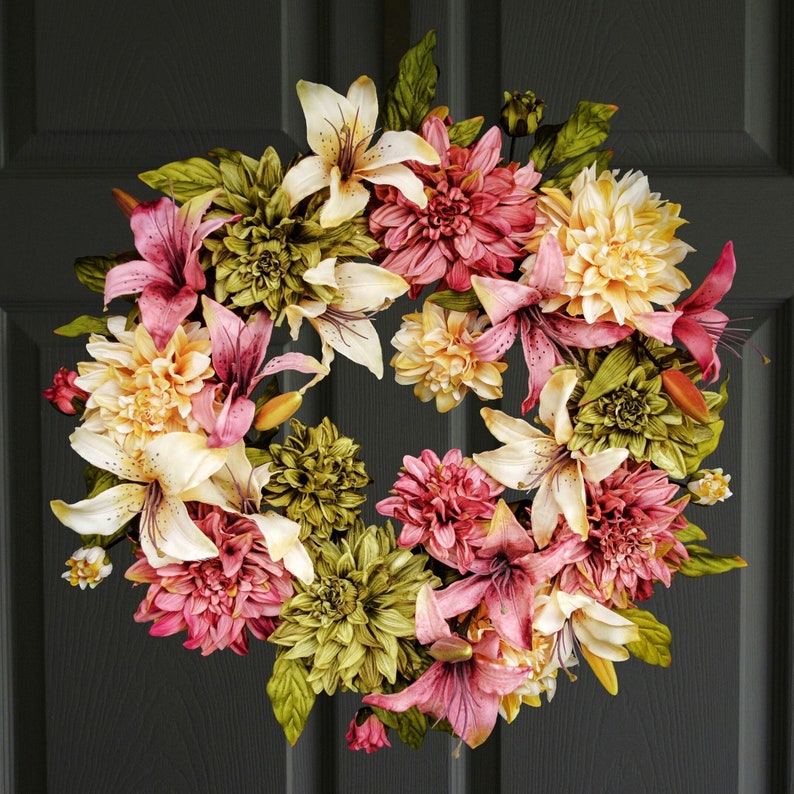 Large Spring Wreath For Front Door, Dahlia & Lily Floral Wreath image 1