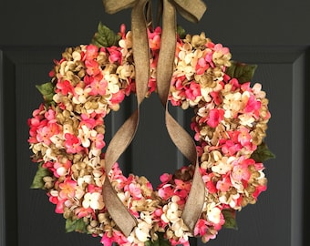 Summer Hydrangea Wreath, Hot Pink Front Door Wreath