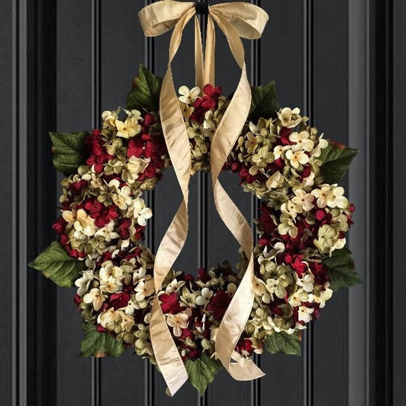 Front Door Wreaths, Best Selling Wreath, Burgundy Red, Green, and Cream Hydrangea Wreath, Year Round Wreath, Winter Wreath image 6