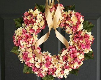 Pink Spring Wreath For Front Door, Hydrangea Wreath