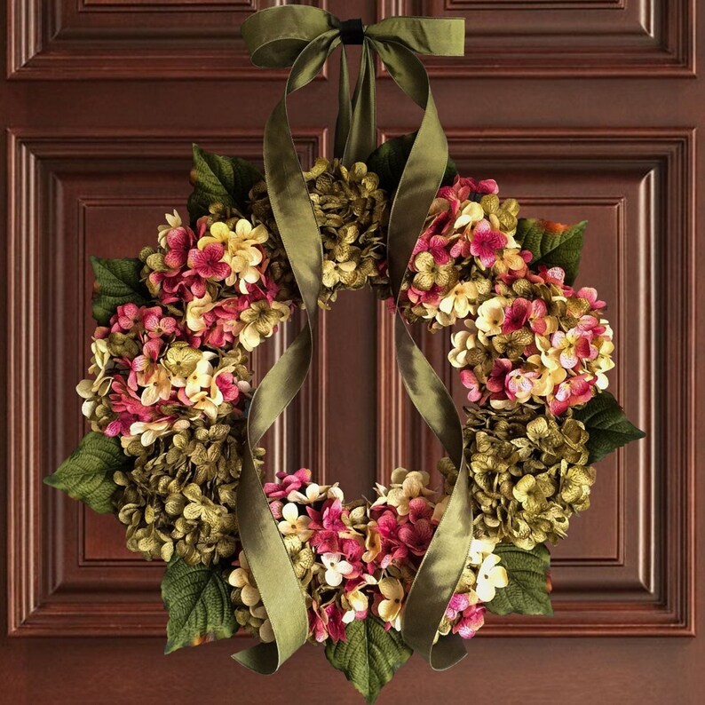 spring hydrangea wreath on a front door