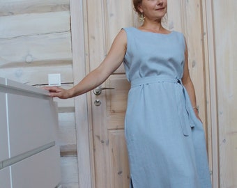 Linen summer dress with pockets. Long linen sleeveless dress.