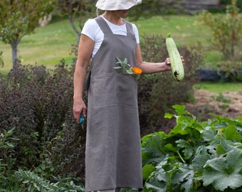 Linen cross back long apron. Full linen apron. Gardening apron. Harvest apron. Gift for gardener.