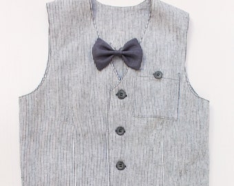 Linen vest for kids with dense pinstripes. Natural waistcoat for ringbearer, beach party, or baptism.