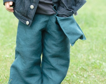 Linen trousers with a hanging pocket for children.  Straight wide-leg pants. Many colors and sizes