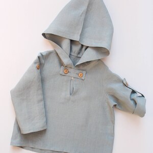 Natural linen hoodie with buttons, tuck up sleeves, 62/6m 140/9 Baby, boy, girl summer,medieval Grayish green