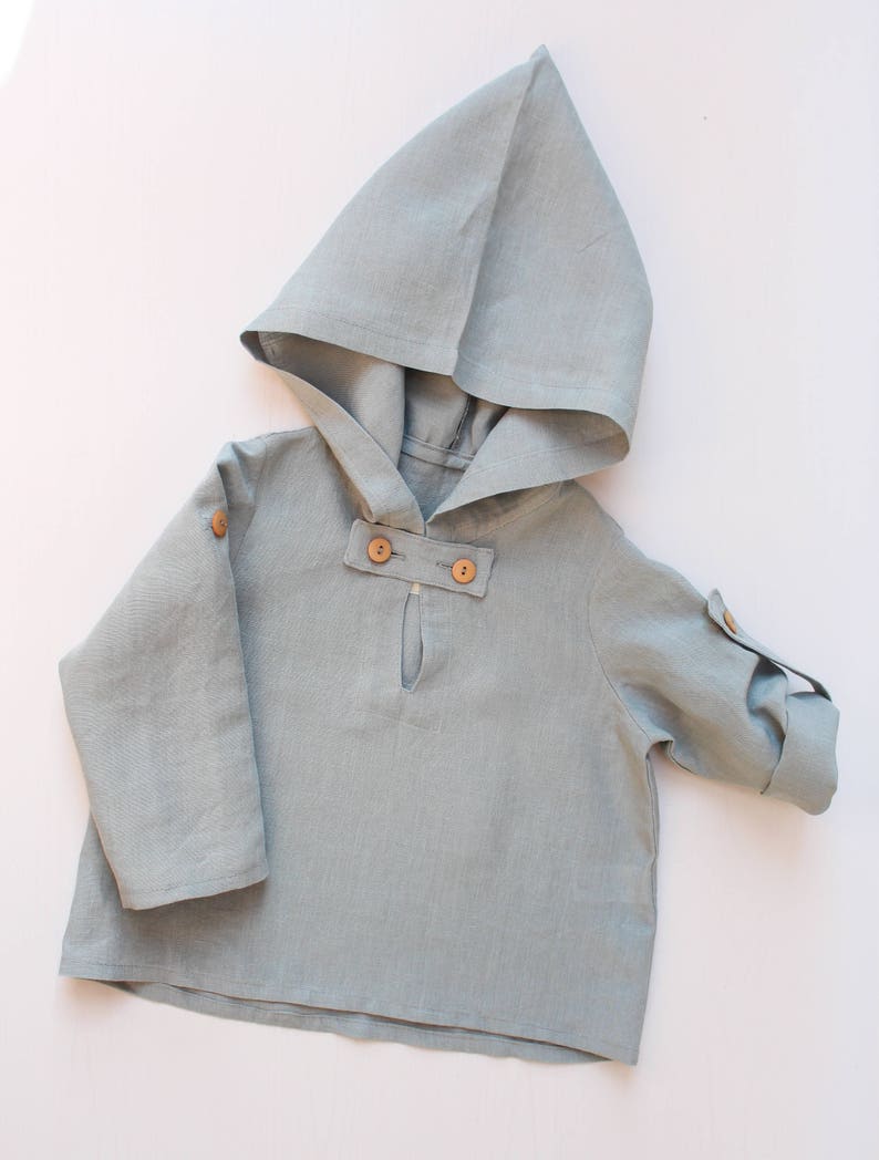 Natural linen hoodie with buttons, tuck up sleeves, 62/6m 140/9 Baby, boy, girl summer,medieval Grayish green