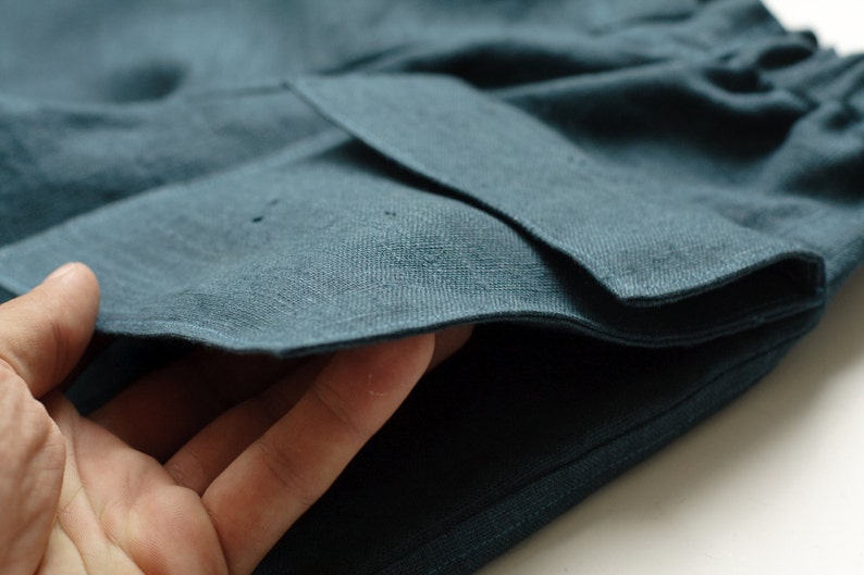 teal linen trousers