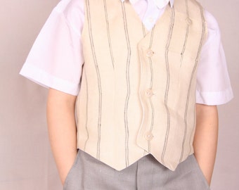 Wide pinstriped linen waistcoat for ringbearer, beach party, baptism. Natural linen vest for children