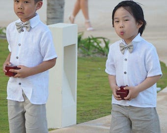 Natural linen outfit. Shirt, shorts and bow brooch set. white, raw linen, tan, boy,baby,toddler