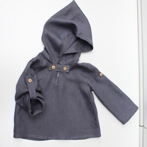 Natural linen hoodie with buttons, tuck up sleeves, 62/6m 140/9 Baby, boy, girl summer,medieval image 3