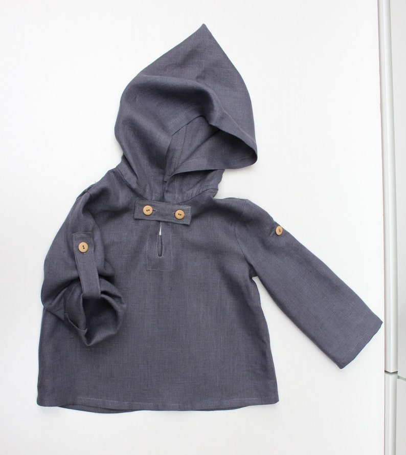 Natural linen hoodie with buttons, tuck up sleeves, 62/6m 140/9 Baby, boy, girl summer,medieval image 3