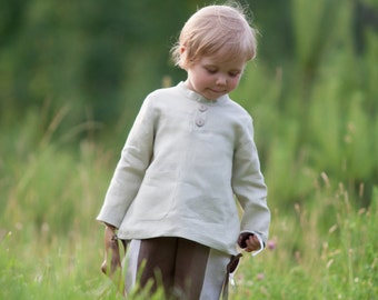 Natural linen shirt with a pocket / Children long sleeves shirt / Two buttons front closure / unisex linen shirt / 62/6m -152/14