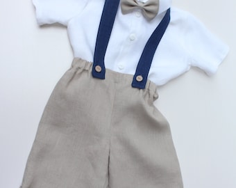 Set of linen cuff style shorts with suspenders and bow tie. Ring bearer pants. Many colors and sizes