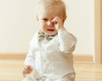 White linen boy christening outfit – vest, pants and bow brooch.Many colors and sizes