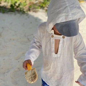 Natural linen hoodie with buttons, tuck up sleeves, 62/6m 140/9 Baby, boy, girl summer,medieval White