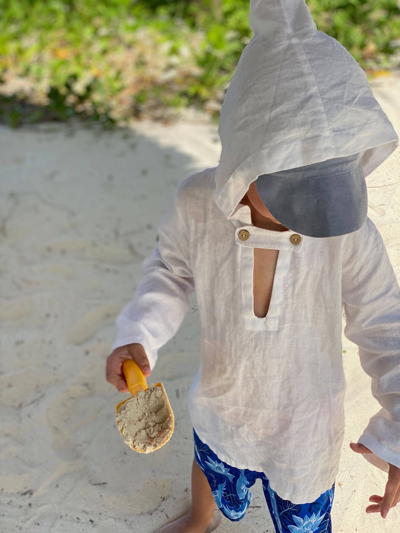 Natural linen hoodie with buttons, tuck up sleeves, 62/6m 140/9 Baby, boy, girl summer,medieval White