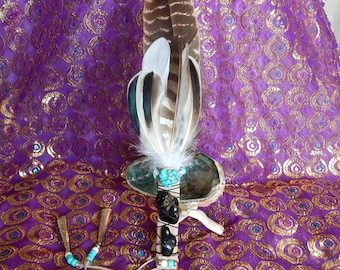 Artisan Fan Smudge Kit, Abalone Shell, White Sage, Palo Santo, Black Onyx, Jingle Cones
