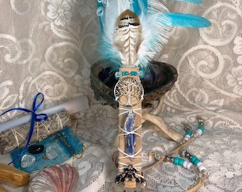 Artisan Smudge Fan Kit: Turquoise, Kyanite, Sage, Palo Santo, Shell, Stand