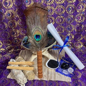 Complete Smudge Kit Handcrafted Peacock Feather, White Sage, Blue Sage, Palo Santo, Abalone Shell, Stand, Black Salt,Gemstones, Instructions