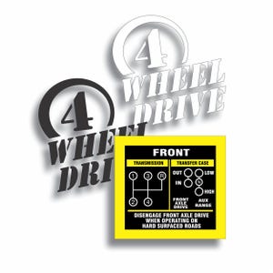 May include: White background with three "4 Wheel Drive" logos. One is black and white, another is white with a shadow, and the third is a yellow and black diagram with gear shift and transfer case instructions.