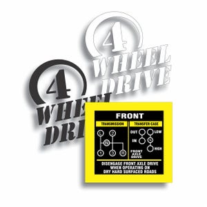 May include: A white background with three "4 Wheel Drive" graphics. One is black, one is white, and one is a yellow square with a diagram and text about front axle drive.
