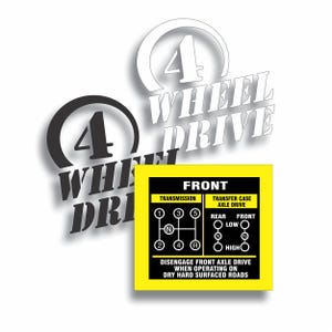 May include: White and black graphic with the words "4 WHEEL DRIVE". A yellow rectangle displays a diagram of a transmission and transfer case, with instructions to disengage front axle drive on dry roads.