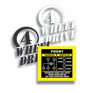 May include: White background with three 4 Wheel Drive graphics. One is black and white, another is white, and the third is a yellow square with a diagram and text about transmission and transfer case settings.
