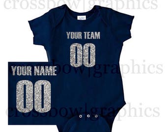 CUSTOM Infant Creeper Bodysuit Jersey PERSONALIZED GLITTER One-piece Baby Cute Football Baseball Softball!