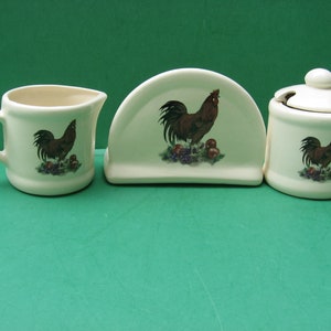 Country Americana ceramic rooster with apples and grapes kitchen set sugar, creamer napkin holder made in USA!!!!