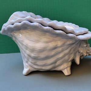 May include: A ceramic seashell-shaped container with a lid. The container is primarily white with blue-gray accents and rests on three small feet. The shell has a textured, wavy design and is set against a green and gray background.