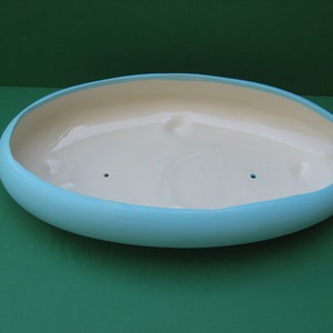 May include: A light blue oval ceramic planter with two drainage holes in the bottom.