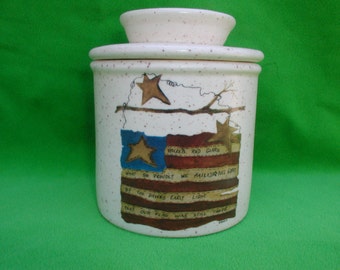 Americana flag ceramic butter crock with words to "Star Spangle Banner" in stripes..made in usa..Awesome