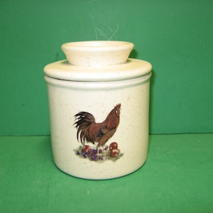 Beautiful ceramic rooster with apples butter crock holds 1 stick butter made in USA!!!