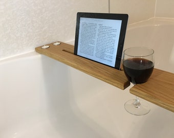 Solid Oak Wooden Bath Caddy | | Bath Tray With Wine & Tablet Holder | Danish Oil | Wooden Bath Board