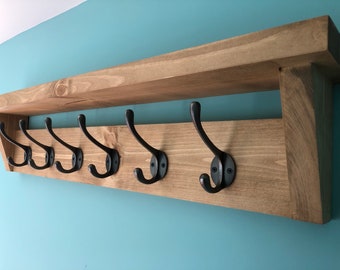 Rustic wooden coat rack with shelf | Heavy duty cast iron coat hooks | Solid pine wood farmhouse style | Handmade in Scotland