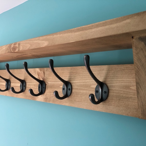 Rustic wooden coat rack with shelf | Heavy duty cast iron coat hooks | Solid pine wood farmhouse style | Handmade in Scotland