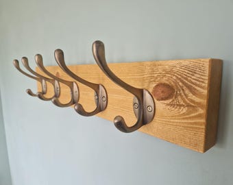 Wall Mounted Solid Wood Coat Rack, With Up To 10 Antique Brass Hooks