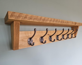 Handmade Pine Coat Rack with Shelf with up to 10 Cast Iron Hooks