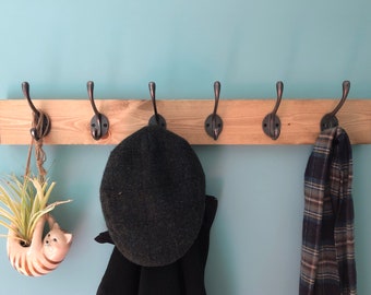 Rustic wooden coat rack | Heavy duty cast iron coat hooks | Solid pine wood farmhouse style | Handmade in Scotland