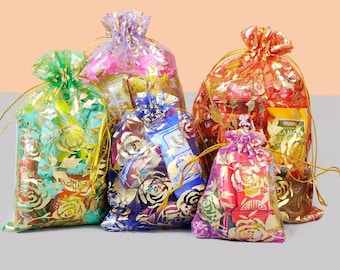 Small Gold Rose Organza Drawstring Colorful Gift Bags 70mm Wide & 95mm Tall