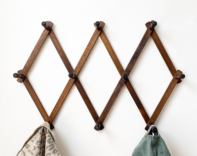 Vintage Accordion Wall Rack Large Wood Peg Accordion Rack Hat Rack or